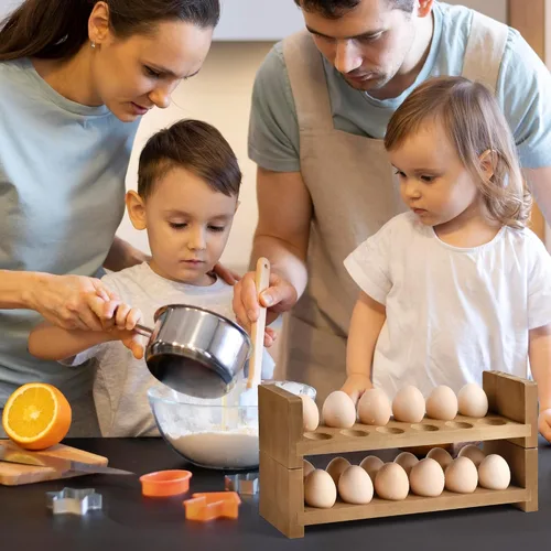 Miniatura 6 de Sishynio Bandeja de huevos de doble capa para encimera, cesta de almacenamiento apilable de madera para huevos, organizador de huevos de 2 niveles