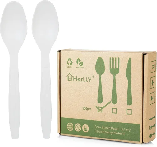 Cuchara compostable, 100 cubiertos biodegradables para fiestas, grandes utensilios desechables ecológicos, duraderos y resistentes al calor,