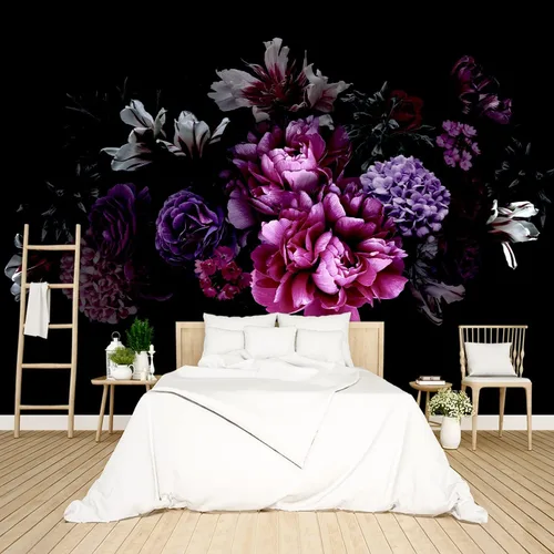 Papel tapiz floral de peonía negra para dormitorio, flores botánicas moradas, hojas murales para sala de estar, fondo de TV, mural grande para