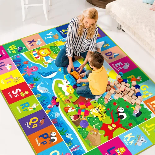Miniatura 4 de Alfombra infantil de 5 x 7 pies para sala de juegos, alfombra de juegos con ABC y animales, alfombra antideslizante súper suave para suelo, tapete