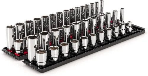 TEKTON SHD92213 - Juego de llaves de vaso de 6 puntos poco profundas y profundas de 1/2 pulgada con rieles y bandejas, 52 piezas (3/8-1 pulgada,