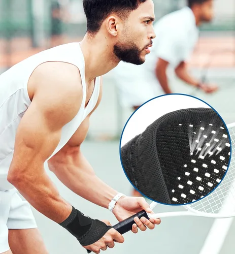 Miniatura 5 de HiRui Paquete de 2 muñequeras de malla ultrafina, transpirable, ajustable, para entrenamientos y uso diario, muñequeras unisex para aliviar el Negro