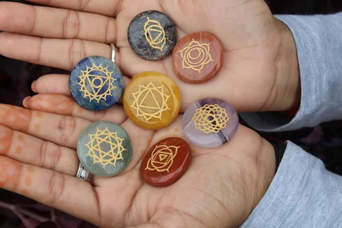 Miniatura 6 de Jet 7 Chakra Reiki Set Grabado Redondo para Curar Chakra Equilibrio Meditación, Vibraciones Positivas