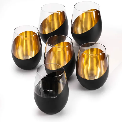 Miniatura 4 de MyGift Vasos de vino sin tallo, diseño moderno mate negro y dorado, 18 onzas, juego de 6 Negro (juego de 6)