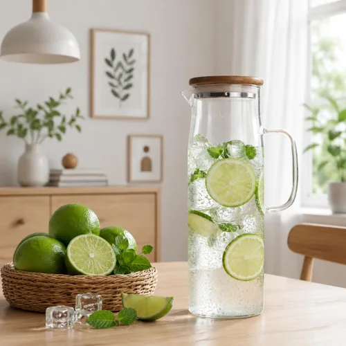 Miniatura 2 de hjn Jarra de vidrio con tapa, jarra de agua de vidrio con asa, jarra de agua para refrigerador, bebidas frías o calientes, té helado, leche, jugo