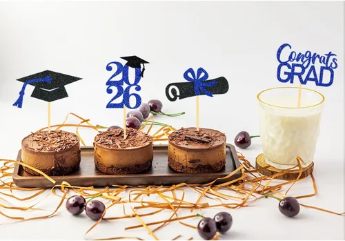 Miniatura 2 de 24 adornos de graduación para cupcakes, decoraciones de graduación negras y azules para la clase de 2026 (negro y azul)