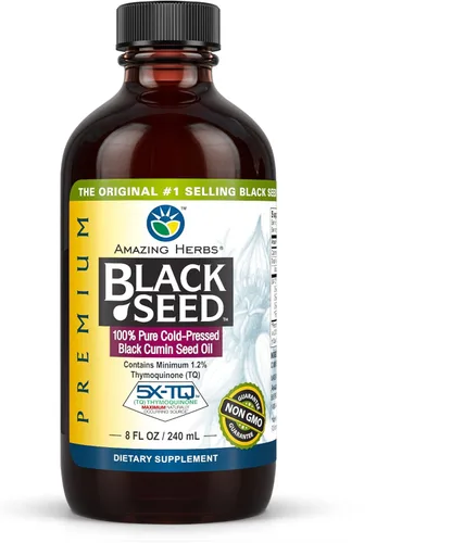Amazing Herbs Aceite de semilla negra de alta calidad, sin gluten, sin OMG, prensado en frío, Nigella sativa ayuda a la salud digestiva, apoyo