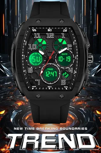 Miniatura 5 de Relojes para hombre, únicos rectángulos, reloj de pulsera blanco con pantalla digital analógica de doble hora, cronómetro de cuenta regresiva, Negro
