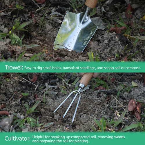 Miniatura 3 de LeMotech Juego de herramientas de jardín, 2 herramientas manuales de jardinería, paleta de acero inoxidable y cultivador con asa, kit de jardinería
