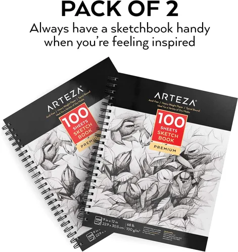 Miniatura 6 de ARTEZA Paquete de 2 cuadernos de bocetos, 9 x 12 pulgadas, 200 hojas, encuadernado en espiral, bloc de dibujo sin ácidos de 68 libras para adultos