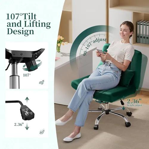 Miniatura 4 de Warmiehomy Silla de oficina cruzada de terciopelo con ruedas, silla de escritorio de lujo con patas cruzadas para dormitorio, silla de computadora