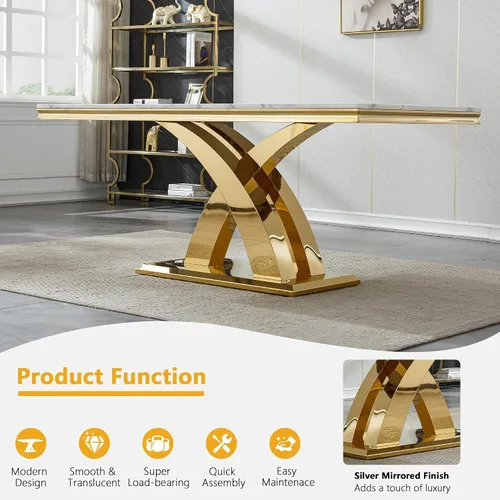 Miniatura 5 de Moderno juego de mesa de comedor de mármol para 4, juego de mesa de comedor de lujo para 4, mesa de comedor de mármol sintético de 68 pulgadas