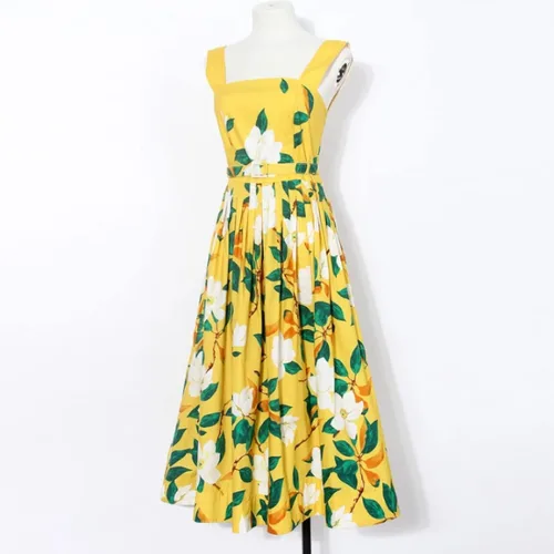 Miniatura 4 de Elegamt - Vestido largo con estampado floral y flores amarillas, vestido largo midi con cinturón