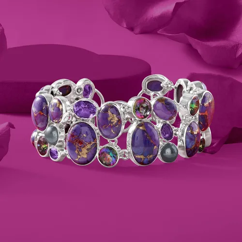 Miniatura 3 de Ross-Simons Pulsera de perlas cultivadas moradas de 4 a 0.315in, turquesa de cobre morado y piedras preciosas múltiples en plata de ley. 7.5