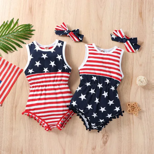 Miniatura 7 de LUZOZEZO Mameluco de borla con bandera americana para bebé niña pequeña con diadema