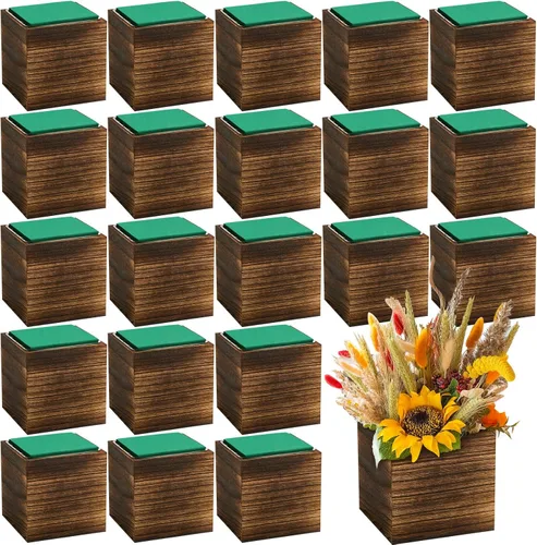 Miniatura 9 de Dandat Juego de 12 Macetas Cúbicas de Madera, Maceta Cuadrada de Madera Estilo Rústico con Forro de Plástico Desmontable, Bloques de Espuma Floral