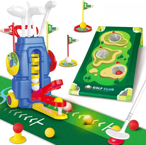 Fistone Juego de golf para niños pequeños con lanzador de pedales, juguete de golf 3 en 1 para niños con tablero de golf y tapete de putting |
