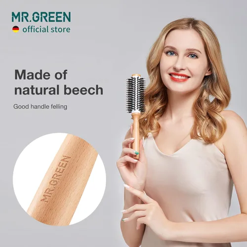 Miniatura 4 de MR.GREEN Cepillo de pelo de cerdas de jabalí, cepillo redondo para rizar, cepillo de pelo de madera natural, peine desenredante para rizado largo
