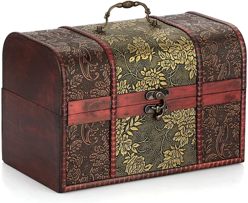 ELLDOO Caja de cofre del tesoro vintage, caja de recuerdos pirata para regalos de niños, caja de almacenamiento de tesoros de madera, caja