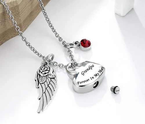 Miniatura 3 de Collar de urna de cremación de doble corazón viene con ala de ángel y 12 piedras natales para cenizas, colgante conmemorativo, Forever in My Heart