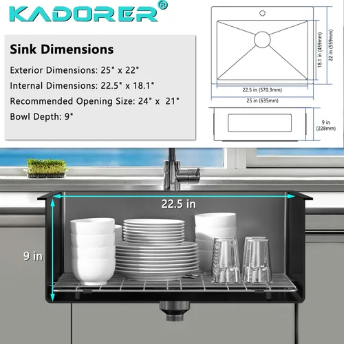 Miniatura 3 de Fregadero de barra de cocina negro de 25 x 22 pulgadas, fregadero de cocina pequeño, fregadero de cocina de un solo tazón, fregadero de barra