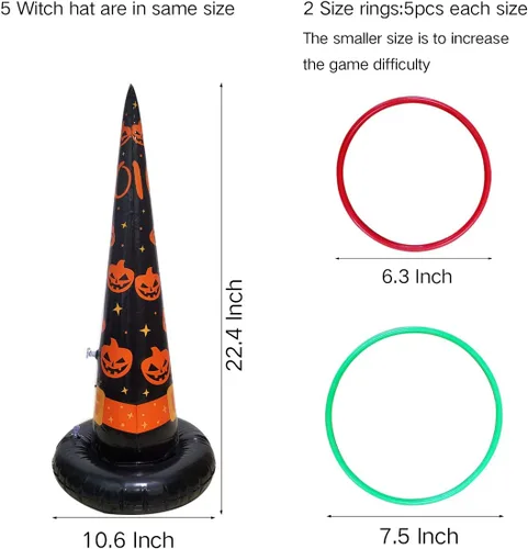 Miniatura 3 de Poptrend Paquete de 5 juguetes de Halloween, juegos inflables de sombrero de bruja para lanzar anillos, juego inflable de lanzamiento de anillos