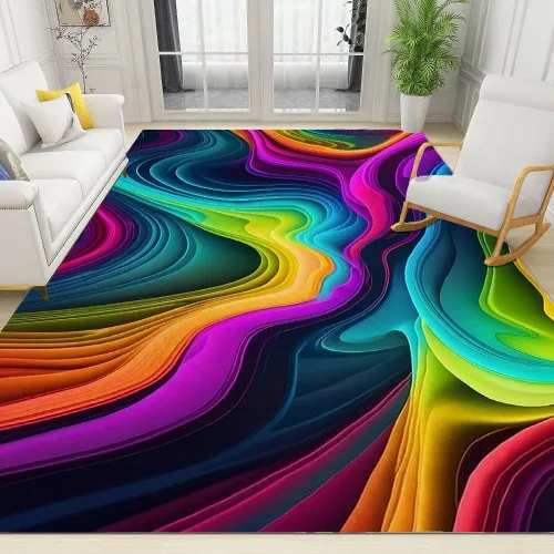 Alfombra retro abstracta colorida ondulada de 3 x 5 pies, alfombra de área de lana sintética psicodélica, multicolor, alfombra antideslizante para