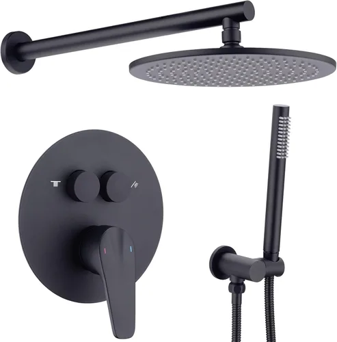 TRUSTMI Sistema de ducha negro mate de 10 pulgadas, desviador de botón desviador montado en la pared redonda de lluvia y ducha de mano con válvula