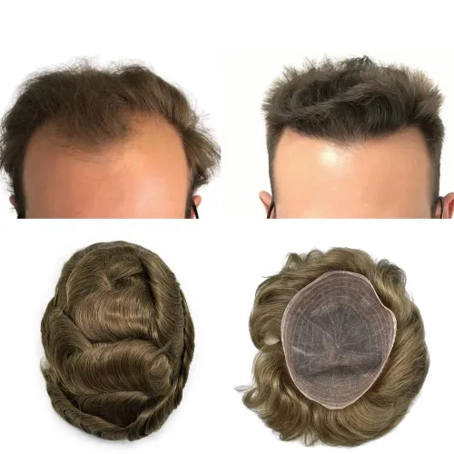 Miniatura 20 de Extensiones de cabello suizo completo para hombre, sistema de reemplazo de cabello humano europeo para hombres