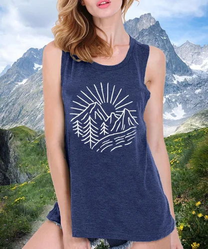Miniatura 21 de Camisetas sin mangas de senderismo y montaña para mujer, divertidas camisetas de entrenamiento con gráficos de pino y amanecer, camisetas de verano