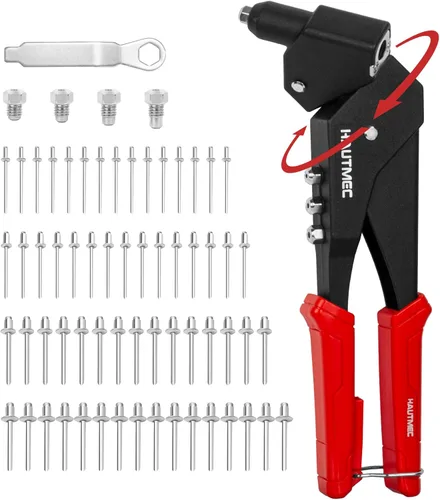 Kit de pistola de remache pop HAUTMEC con cabeza giratoria de 360° para espacios estrechos, 120 remaches ciegos, herramienta de remache manual