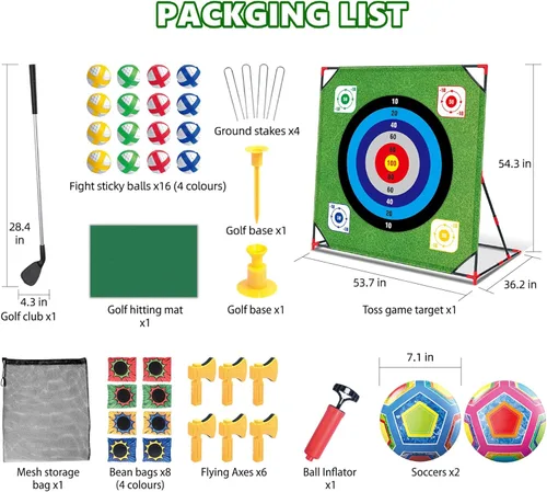 Miniatura 5 de Juego de astillado de golf con soporte: juego de objetivos de golf de batalla 4 en 1 con 16 bolas adhesivas, 8 bolsas de frijol, 2 pelotas