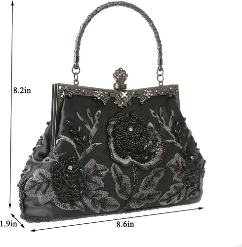 Miniatura 3 de Bolso de mano de estilo vintage con cuentas florales y strass para mujer, con bordado de lentejuelas, bandolera para novia, boda, fiesta