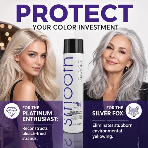 Miniatura 6 de KERAGEN - Acondicionador púrpura sin sulfato para neutralizar los tonos amarillos en cabello rubio y plateado con queratina, pantenol, vitaminas