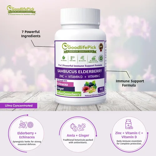 Miniatura 2 de Baya de saúco 7 en 1 con zinc, vitamina C, vitamina D, equinácea, jengibre y grosella espinosa india (Amla). Cápsulas de saúco prémium de 90