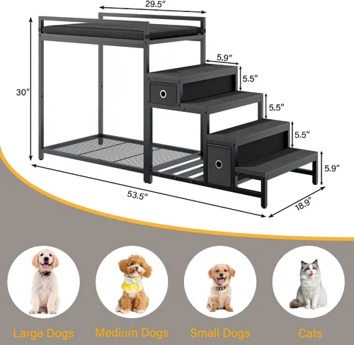 Miniatura 2 de kepptory Litera para mascotas con escaleras y almacenamiento, camas para perros fijadas a la cama humana, cuna para perros y gatos pequeños, Negro