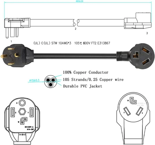 Miniatura 3 de Adaptador de secadora de 3 clavijas a 4 clavijas de 1.5 pies, adaptador de secadora de 4 clavijas a 3 clavijas, NEMA 14-30P macho a 10-30R hembra