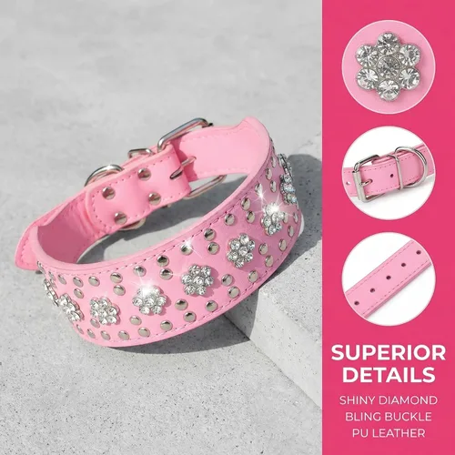 Miniatura 8 de Collares de perro con diamantes de imitación, diseño de flores, de cuero con tachuelas, diamantes de cristal brillantes, deslumbrante, elegante