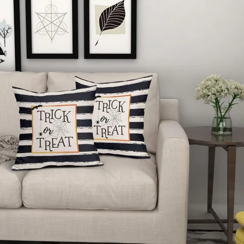 Miniatura 6 de Kawani Juego de 2 fundas de almohada de Halloween con diseño de truco o trato de 16 x 16 pulgadas, diseño de rayas blancas y negras, fundas