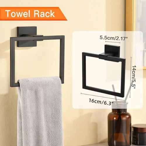Miniatura 4 de Toalleros para baño, color negro, 5 piezas de 16 pulgadas, accesorios de accesorios de baño, montaje en pared, incluye barra de toalla de mano