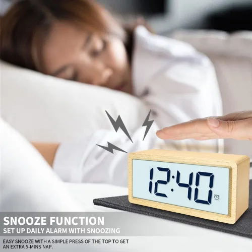 Miniatura 3 de Everwood - Relojes de alarma digitales grandes de madera para dormitorios con pantalla LCD de números grandes, función de repetición, funciona