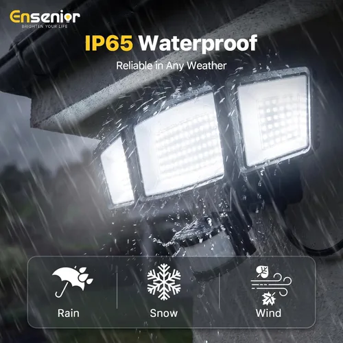Miniatura 6 de Ensenior - Luz de seguridad solar con 5 modos de sensor de movimiento, 1800 lm, 270° de ángulo amplio, 3 cabezales de luces LED de inundación