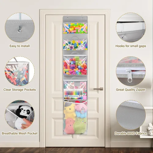Miniatura 6 de Woodoulogy Organizador y almacenamiento para colocar sobre la puerta, soporte de juguetes colgante con 4 bolsas extraíbles transparentes, funda