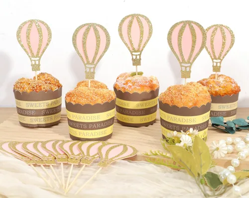 Miniatura 9 de 12 decoraciones para cupcakes de globo aerostático – Decoración para cupcakes con purpurina, decoración de baby shower, suministros de fiesta