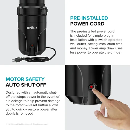 Miniatura 12 de KRAUS WasteGuard KWD100-33MBL - Triturador de basura ultra silencioso de 1/3 HP con conexión rápida, cubierta de drenaje para fregadero de cocina
