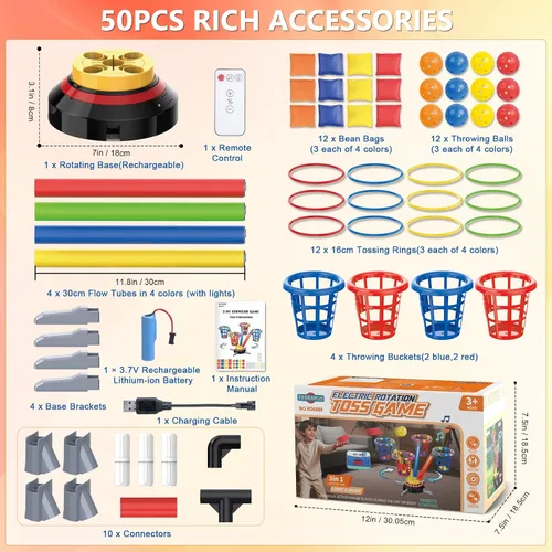 Miniatura 9 de TERRAMUS Juego de Lanzamiento de Anillos de Puf 3 en 1 para Niños, Juegos de Salto Musical Recargables con Luz LED y Control Remoto, Base Giratoria
