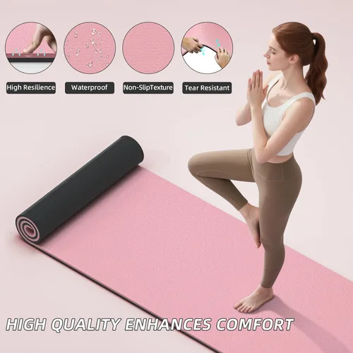 Miniatura 24 de ILILI Tapete de yoga 10mm extra grueso y 193cm extra largo, 76x28x0.4 pulgadas, material TPE antideslizante de doble color, fácil de transportar