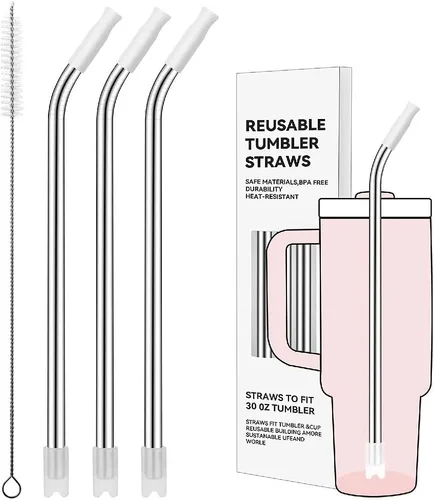 Miniatura 30 de Pajitas de metal rectas para vaso Stanley de 40 onzas, paquete de 3 popotes reutilizables de acero inoxidable con puntas de silicona y cepillo Gris