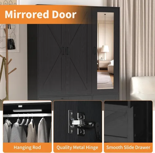 Miniatura 5 de Armario de 3 puertas con puerta de espejo y luces LED, armario de dormitorio con cajones, armario independiente de gran capacidad con barra