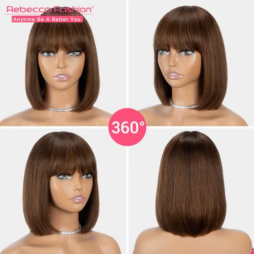 Miniatura 6 de Rebecca Fashion Peluca de cabello humano castaño con flequillo de 10 pulgadas, pelucas de cabello humano lacio Yaki claro para mujeres negras, sin